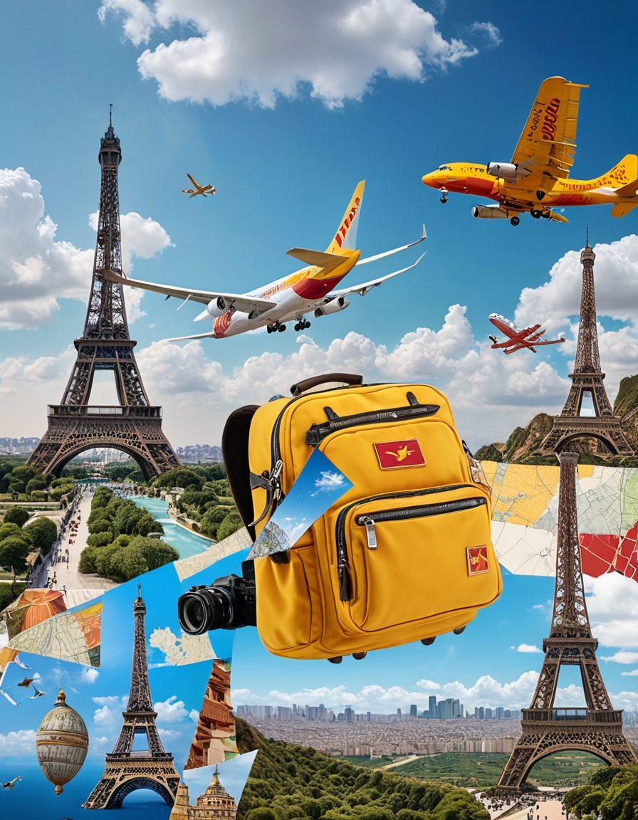 A collage featuring a Pegasus Airlines airplane soaring through a clear blue sky, surrounded by iconic travel destinations like the Eiffel Tower, the Great Wall of China, and tropical beaches. Include travel essentials like a backpack, map, and camera in the foreground, conveying the spirit of budgeting and adventure. Add playful clouds and vibrant colors to evoke excitement. super-realistic. vibrant colors. 3D.